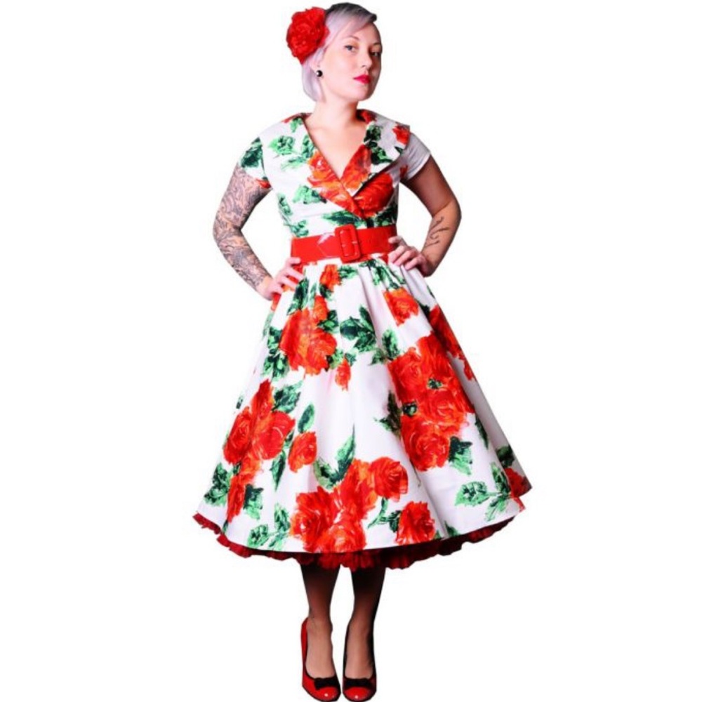 Pinup Couture Rose Print Midi Swing Vintage Dress Small- needs repair